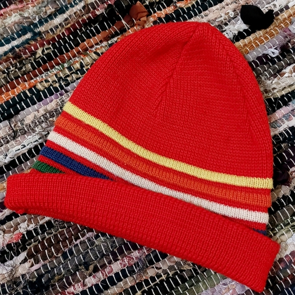 Vtg Wigwam 100% Pure Virgin Wool 90s Mens Red Colorful Striped Beanie - Picture 3 of 9